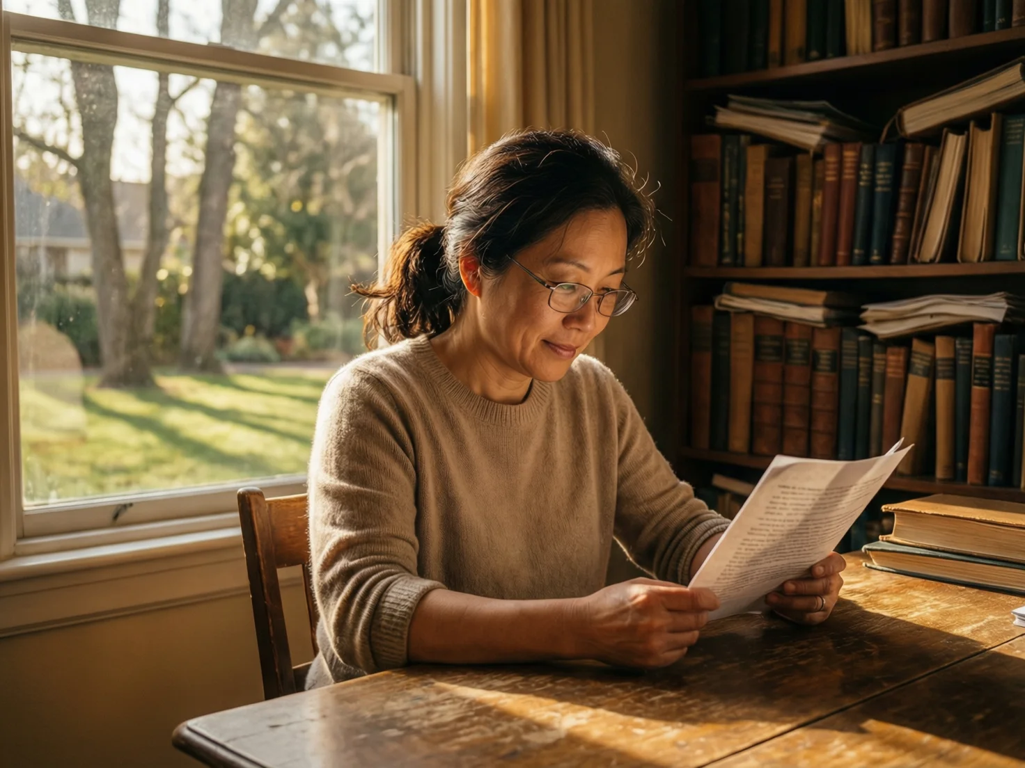 Alguien leyendo un artículo impreso junto a una ventana