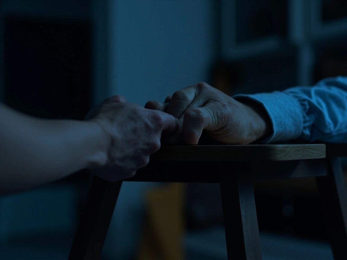 Dos manos tomándose sobre una mesa, luz azulada de noche