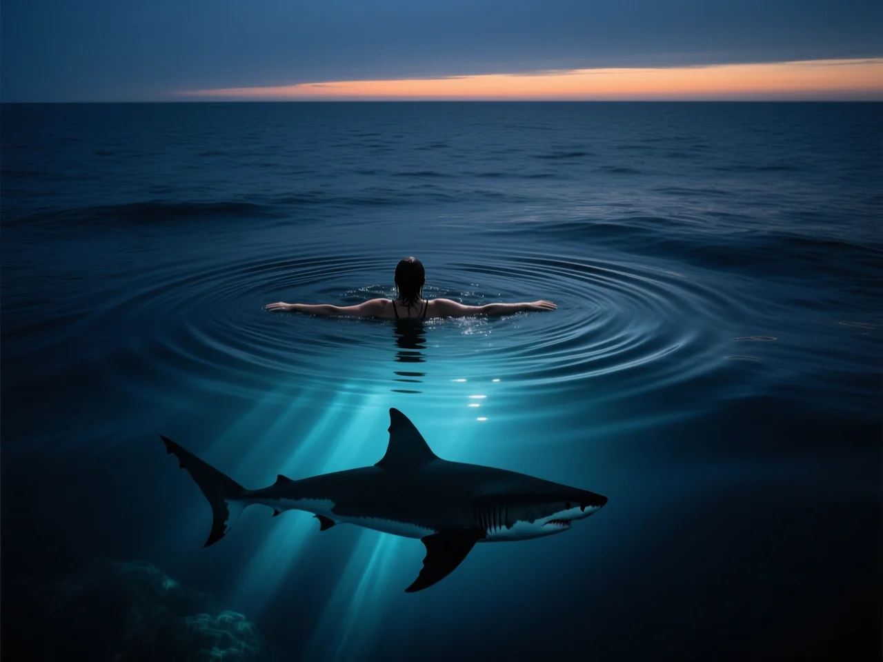Nadador flotando en la superficie del océano profundo con la silueta de un tiburón bajo el agua