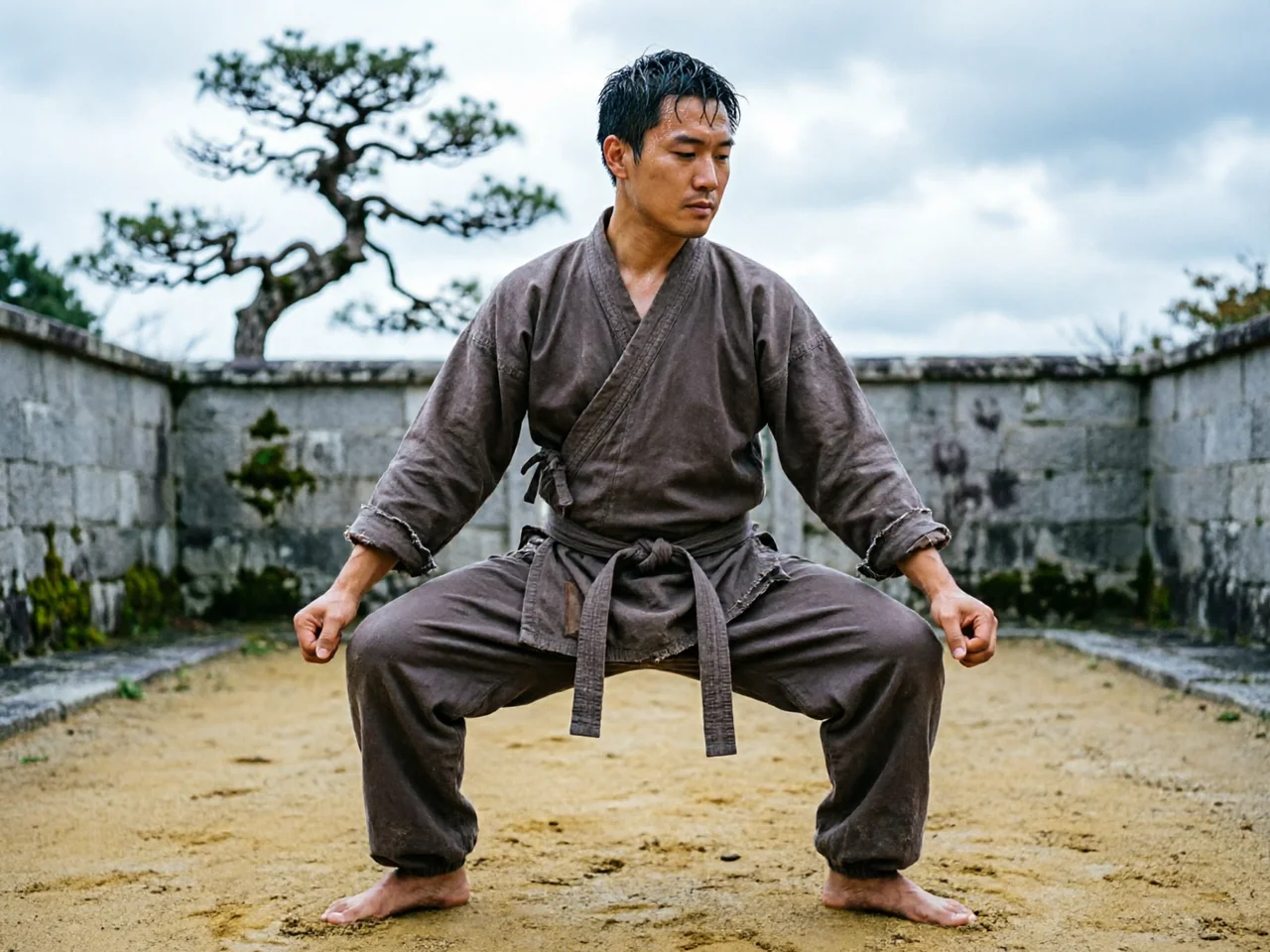 Artista marcial en postura baja estable en patio de dojo, polvo en el suelo, completamente enraizado y en equilibrio, tonos piedra y arcilla
