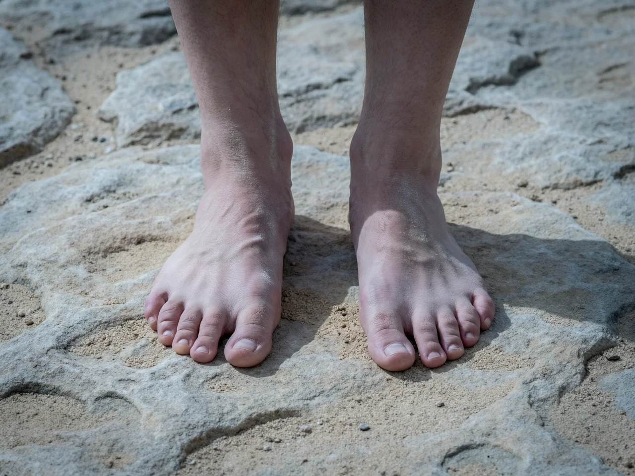 Primer plano de pies descalzos firmes sobre suelo de piedra y arena, sensación de enraizamiento, tonos piedra