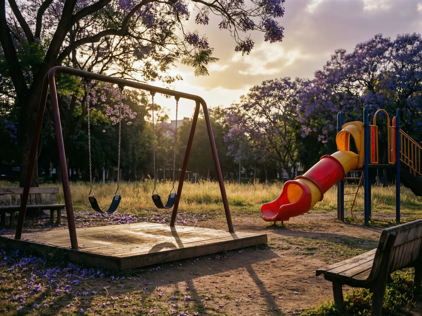 Banco de juegos vacío en un parque de la Ciudad de México al atardecer