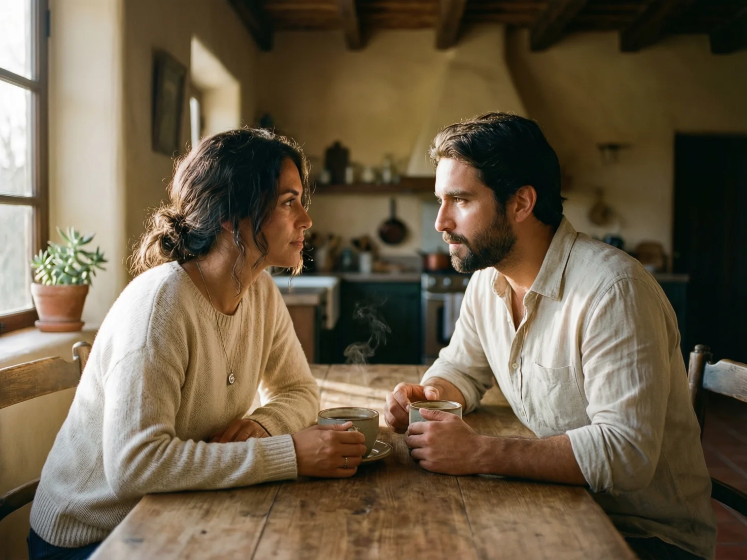 Una pareja conversando en una mesa de cocina con dos tazas de café