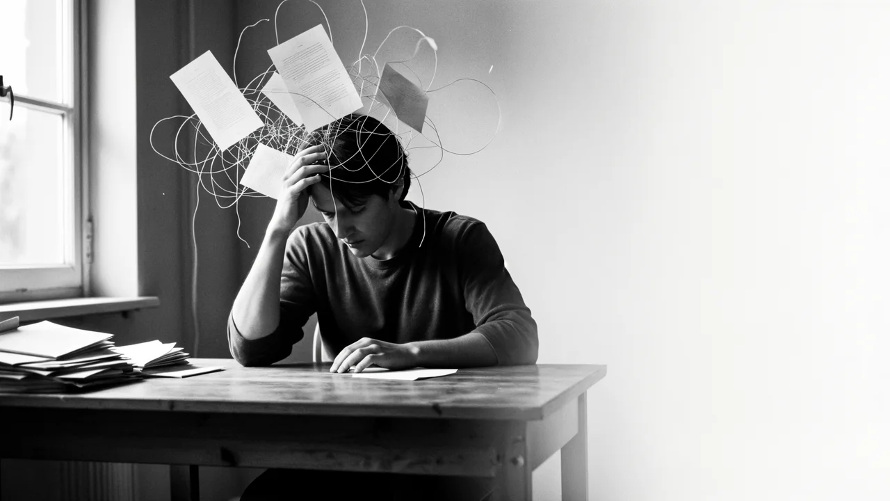 Hombre en escritorio con nube de hilos y papeles flotando sobre su cabeza disolviéndose en espacio limpio, metáfora del ruido mental cediendo, blanco y negro alto contraste
