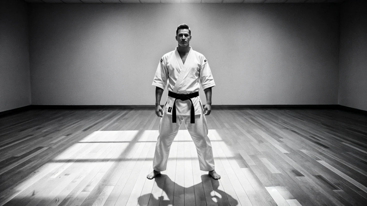Artista marcial en posición centrada en dojo vacío, brazos relajados, sombras limpias en el suelo de madera, presencia total en blanco y negro alto contraste