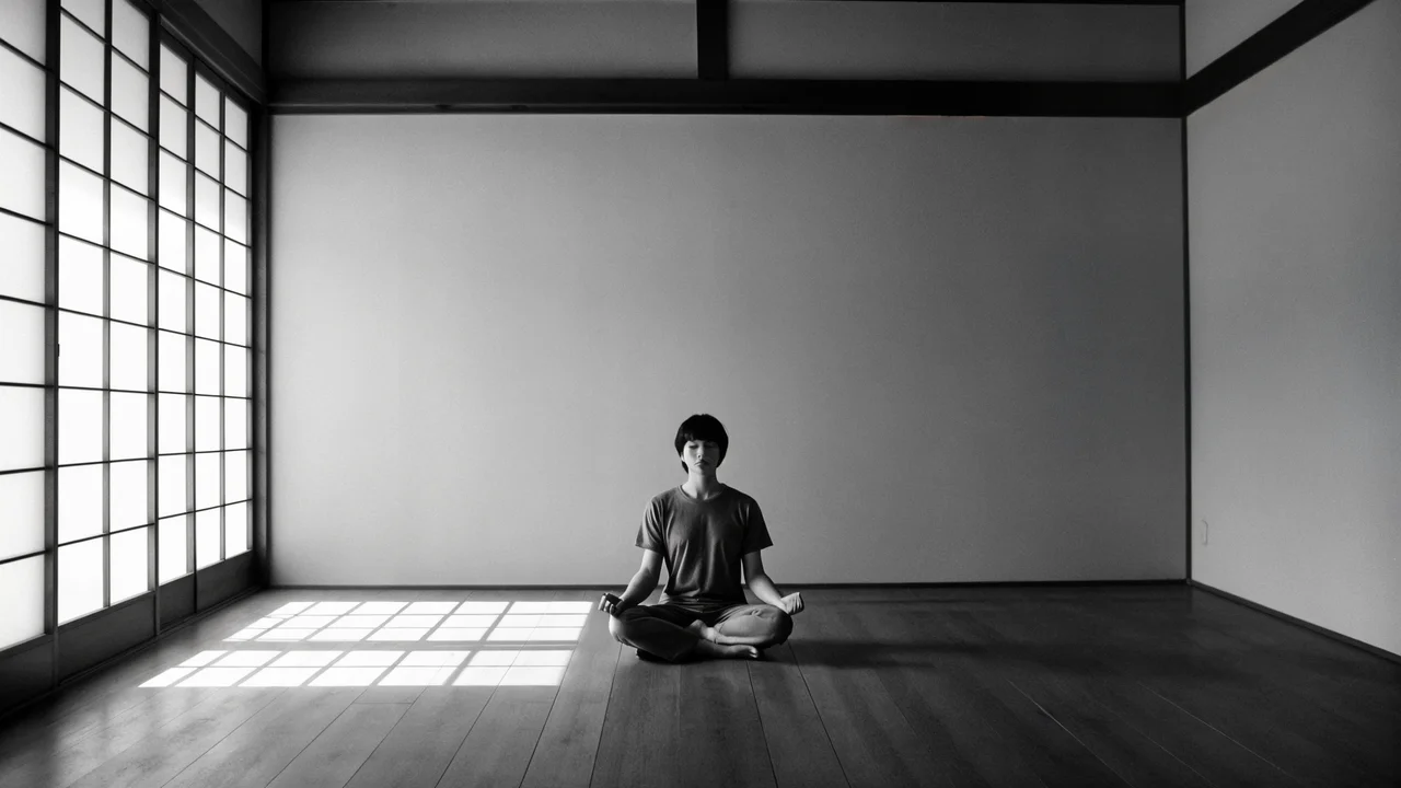 Persona en meditación en habitación japonesa vacía, luz de shōji, espacio negativo dominante, blanco y negro minimalista