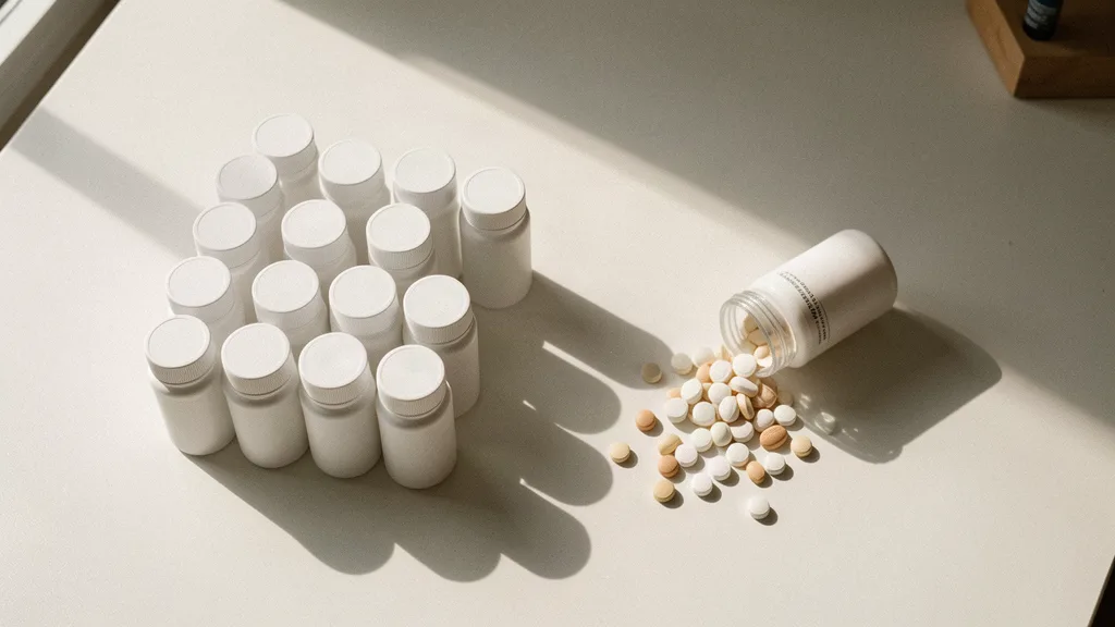 Botellas alineadas y una volcada con pastillas derramadas — la metáfora del lote retirado.