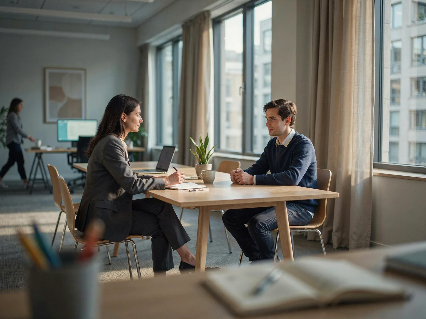 Entrevista de trabajo: dos personas conversando frente a frente en una oficina