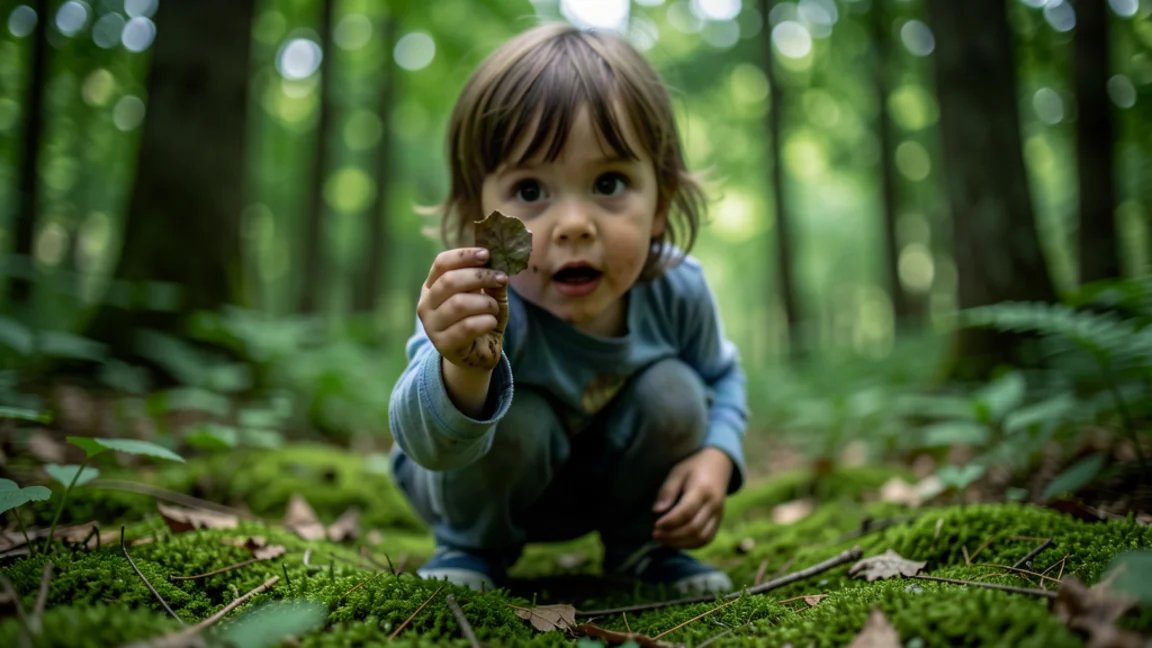 Niña pequeña en bosque de musgo con ojos enormes de curiosidad, sosteniendo una hoja encontrada como si fuera un descubrimiento importante