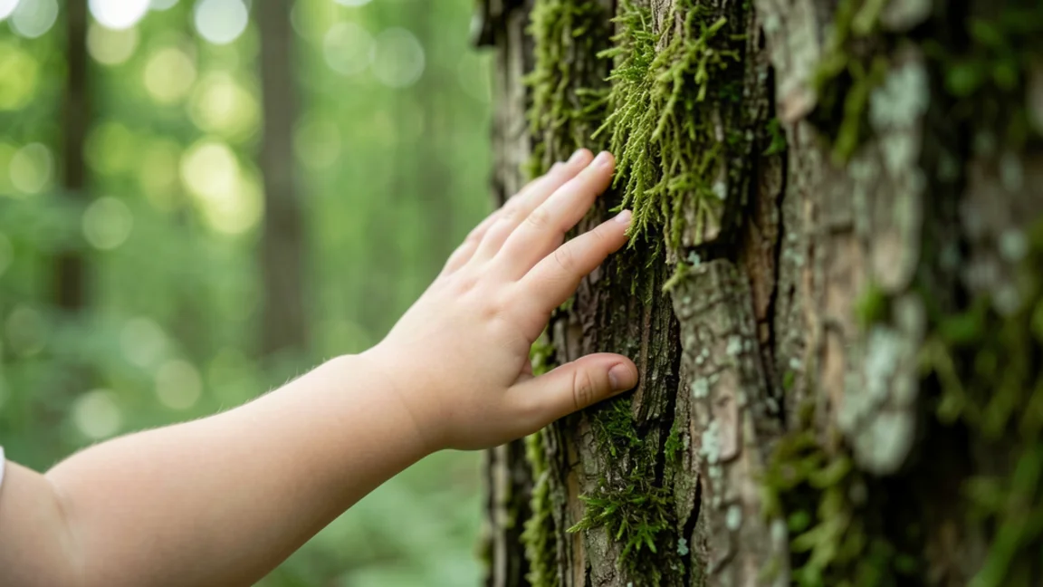 Mano pequeña tocando la corteza de un árbol cubierto de musgo