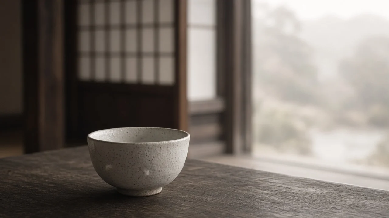 Cuenco de cerámica zen sobre madera oscura, shōji de fondo y luz difusa, quietud y mente de principiante