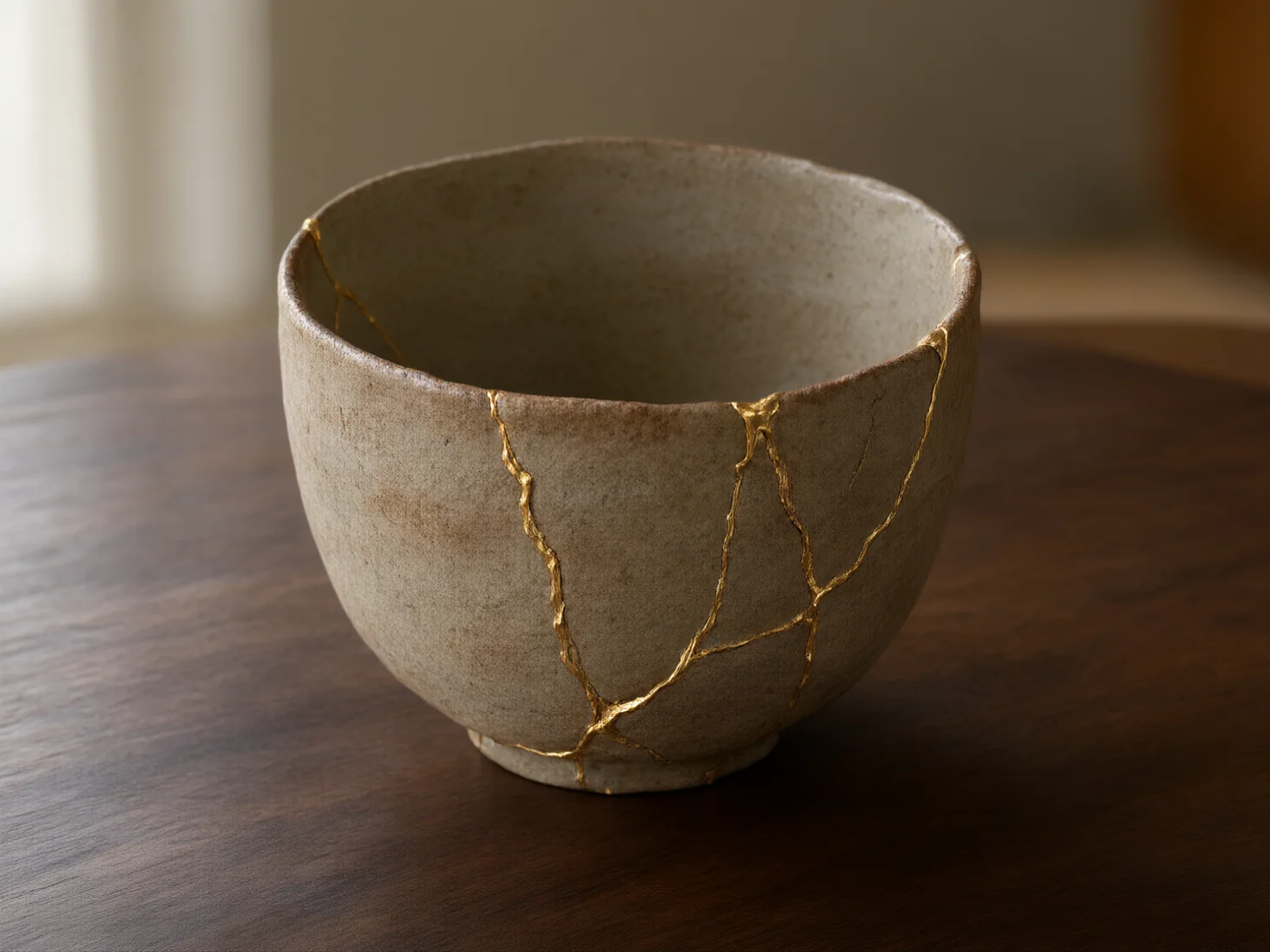 Taza de cerámica reparada con oro, técnica kintsugi, fondo neutro cálido, luz suave, belleza de la imperfección