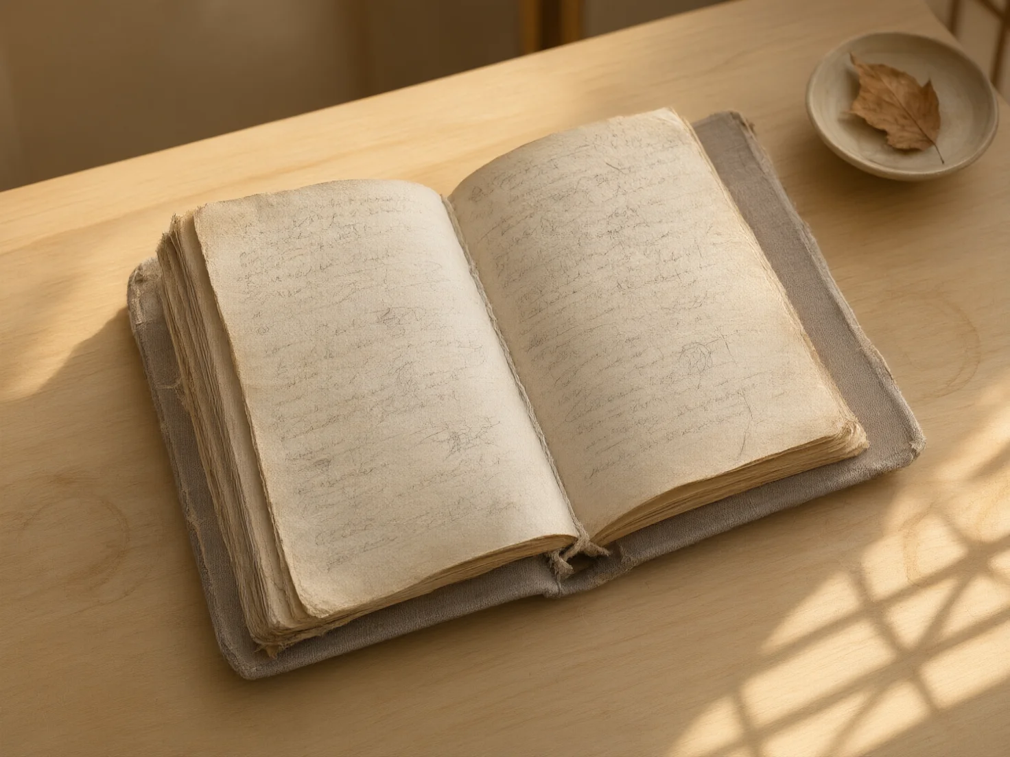 Cuaderno viejo con anotaciones, marcas y esquinas gastadas sobre una mesa de madera, luz cálida, historia y tiempo