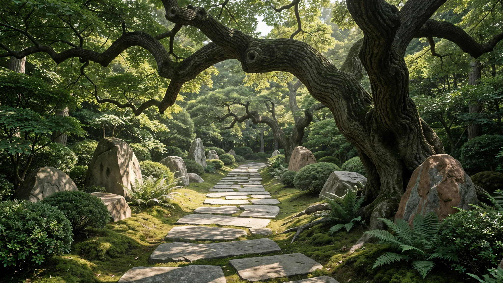 Camino de piedra irregular entre vegetación japonesa bajo un árbol antiguo retorcido, luz tamizada, atmósfera zen contemplativa