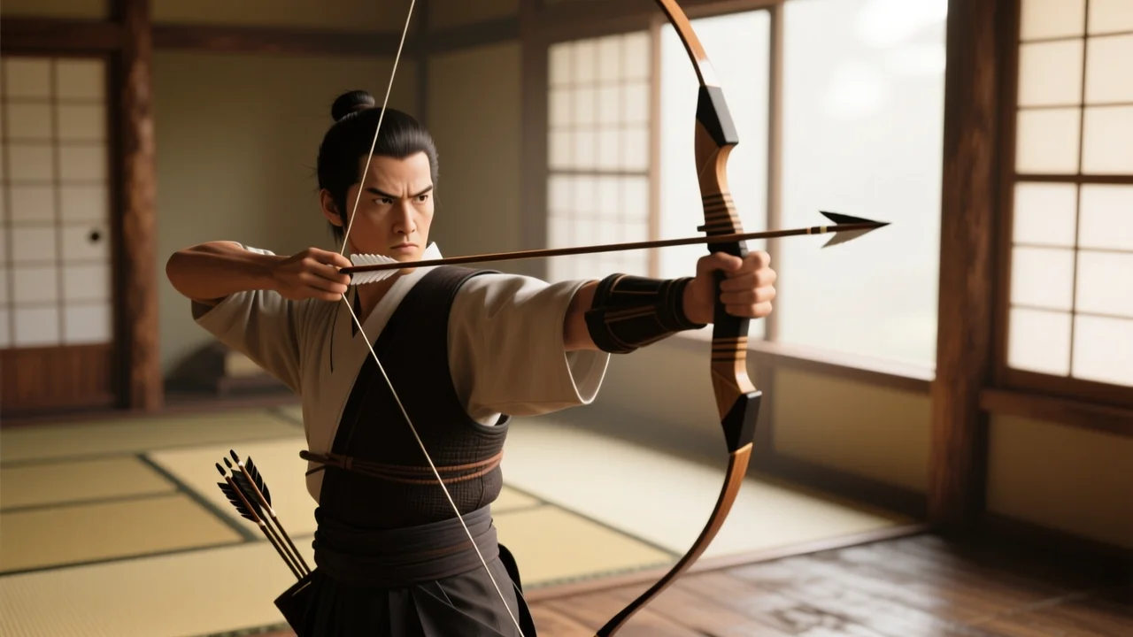 Arquero de kyudo con el arco completamente tensado, mirada intensa y enfocada, dojo de madera, luz natural suave